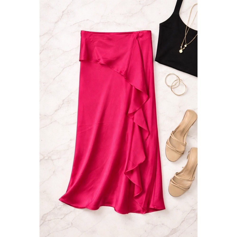 Express‎ Pink Satin Wrap Midi Skirt Ruffle XS NWT Silky Slip Date Night